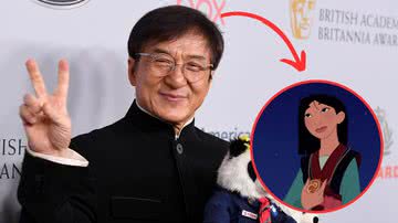 Jackie Chan e cena da animação "Mulan" (1998) - Frazer Harrison/Getty Images e Reprodução/Disney