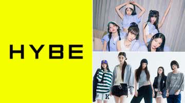 Logo da HYBE e integrantes do LE SSERAFIM e NewJeans - Divulgação/HYBE/Source Music/ADOR