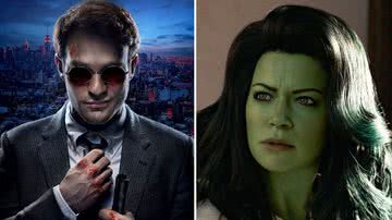 A esquerda, pôster de 'Demolidor'; A direita, imagem de 'Mulher-Hulk: Defensora de Heróis' - Netflix/Disney+