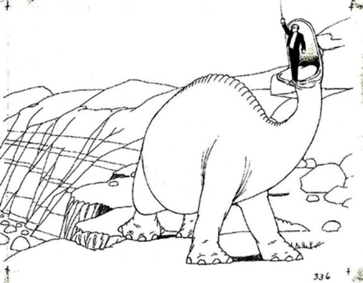 Dinossauro animado em preto em branco com a boca aberta e um homem dentro