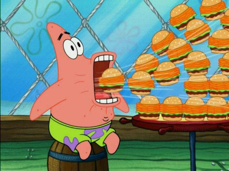 Patrick devorando o hambúrguer de siri 
