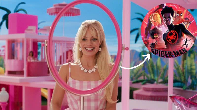 Cena do filme 'Barbie' e pôster de divulgação do filme 'Homem Aranha Através do Aranhaverso' - Reprodução/Sony Pictures Entertainment/Warner Bros.