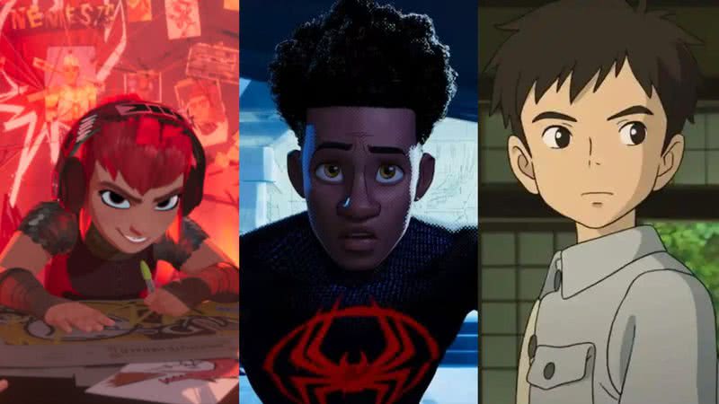 Imagens das animações "Nimona", "Homem-Aranha: Através do Aranhaverso" e "O Menino e a Garça" - Reprodução/ Netflix/Marvel/Studio Ghibli