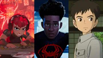 Imagens das animações "Nimona", "Homem-Aranha: Através do Aranhaverso" e "O Menino e a Garça" - Reprodução/ Netflix/Marvel/Studio Ghibli