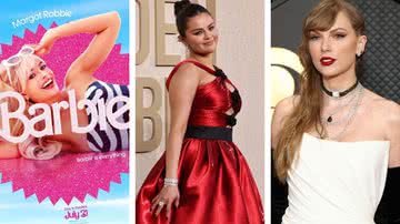Pôster de divulgação de "Barbie", Selena Gomez no Globo de Ouro 2024 e Taylor Swift na 66ª edição do Grammy Awards - Divulgação/Warner Bros./Amy Sussman/Matt Winkelmeyer/Getty Images