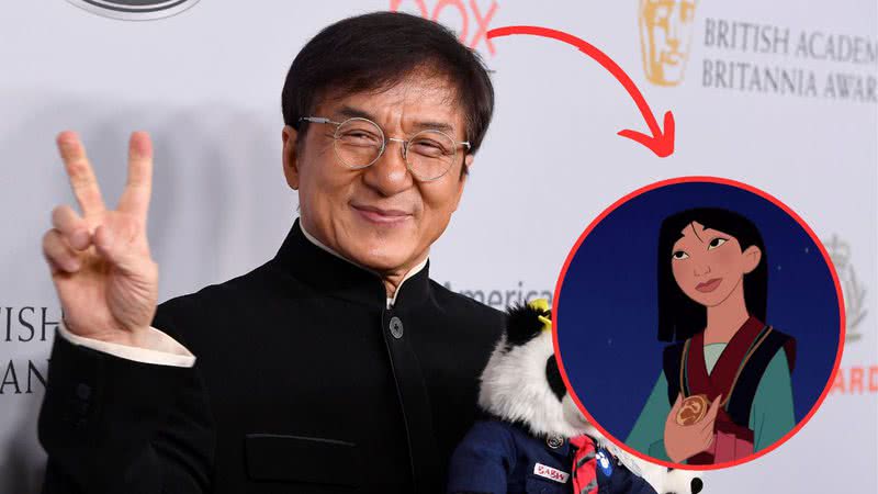 Jackie Chan e cena da animação "Mulan" (1998) - Frazer Harrison/Getty Images e Reprodução/Disney