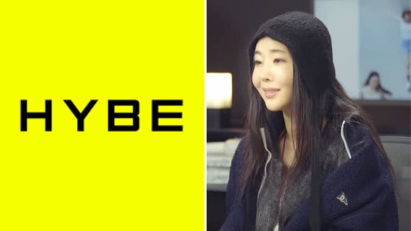 Logo da HYBE e Min Heejin, CEO da ADOR - Divulgação/HYBE e Reprodução/YouTube/NHK MUSIC