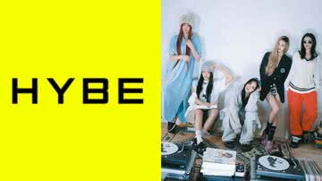 Logo da HYBE e NewJeans em photoshoot para o single-álbum "How Sweet" - Divulgação/HYBE/ADOR