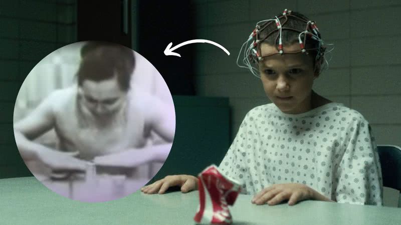 Ninel Kulagina em vídeo publicado no Youtube e Eleven em cena de "Stranger Things" - Divulgação/ Youtube/ RyanChan/Netflix