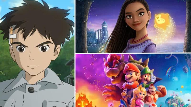 Imagens das animações "O Menino e a Garça", "Wish: O Poder dos Desejos" e "Super Mario Bros.: O Filme" - Reprodução/Studio Ghibli/ Disney/ Universal Pictures