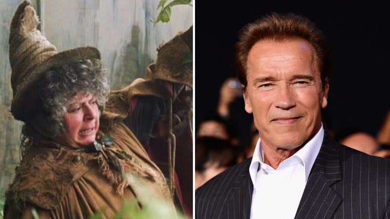 Miriam Margolye como Pomona Sprout em "Harry Potter" e Arnold Schwarzenegger - Warner Bros. Pictures/ Getty Images