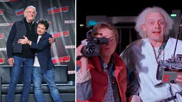A esquerda, Michael J. Fox e Christopher Lloyd na New York Comic Com; a direita, cena de ‘De Volta Para o Futuro’ - Mike Coppola/Getty Images/ Reprodução/ Universal Pictures