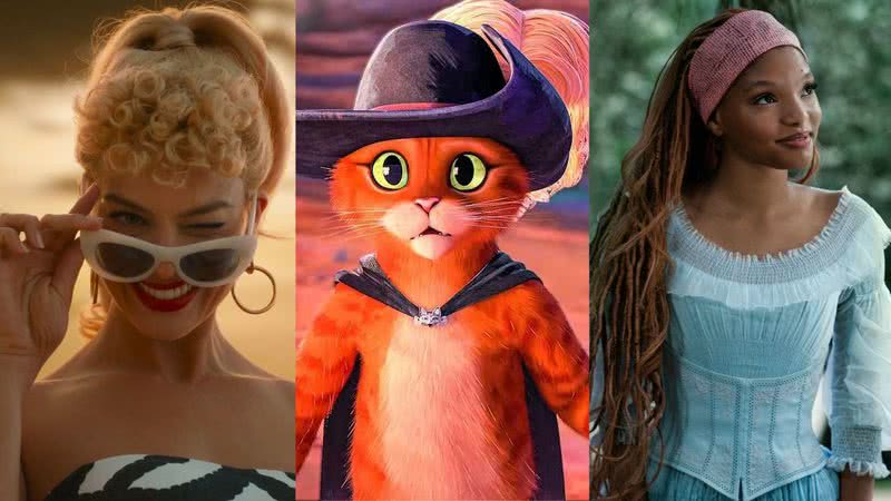 Cenas de "A Pequena Sereia", “Gato de Botas 2: O Último Pedido” e "Barbie" - Reprodução/ Disney+/DreamWorks/Warner Bros.