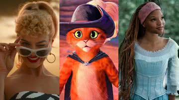 Cenas de "A Pequena Sereia", “Gato de Botas 2: O Último Pedido” e "Barbie" - Reprodução/ Disney+/DreamWorks/Warner Bros.
