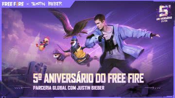 Imagem promocional da parceria entre Free Fire e Justin Bieber - Divulgação/ Garena