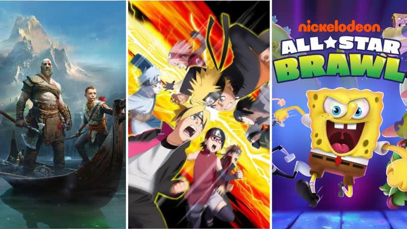 Capas dos jogos "God of War (2018)", "Naruto to Boruto: Shinobi Striker" e "Nickelodeon All-Star Brawl" - Divulgação/Sony Interactive Entertainment