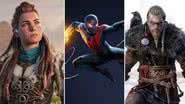 Imagens promocionais de "Horizon Forbidden West", "Assassin’s Creed Valhalla" e "Marvel’s Spider-Man Miles Morales" - Divulgação/ Ubisoft/ Sony Interactive Entertainment
