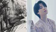 A esq.: arte inspirada em Jimin, do BTS; A dir.: Jimin em imagem conceitual para o álbum 'Proof' - Reprodução/ Instagram/focusartfair/ HYBE LABELS