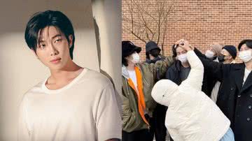 RM em divulgacão do álbum ‘Índigo’ e integrantes do BTS no alistamento militar de Jin - Divulgação/BigHit Music e Reprodução/Twitter/BTS_twt