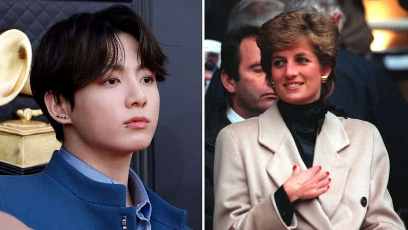 A esquerda, Jungkook no Grammy Awards de 2022; a direita, princesa Diana no Parc Des Princes em Paris (1995) - Getty Images