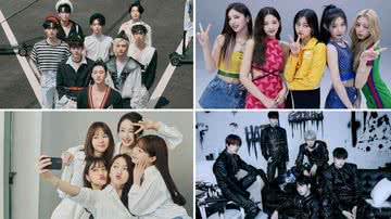 Imagens dos grupos Stray Kids, KARA, ITZY e TXT - Divulgação/JYP Entertainment/Instagram/gyuri_88/ BigHit Music