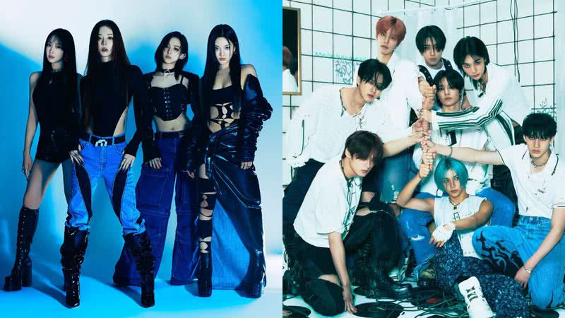 aespa (à esqu.) e Stray Kids (à dir.) em concept images para os álbuns “Drama” e “ROCK-STAR”, respectivamente - Reprodução/ SM Entertainment/ JYP Entertainment