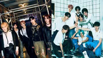 Membros do TXT em concept photo de “The Name Chapter: FREEFALL” e membros do Stray Kids em teaser images de “ROCK-STAR” - Divulgação/BIGHIT MUSIC/ JYP Entertainment