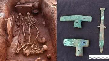 Fotografia dos esqueletos e das armas encontrados na Sibéria - Divulgação