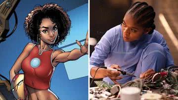 Riri Williams nos quadrinhos e Dominique Thorne como Coração de Ferro em 'Pantera Negra: Wakanda Para Sempre' - Reprodução/ Marvel Comics/ Marvel Studios