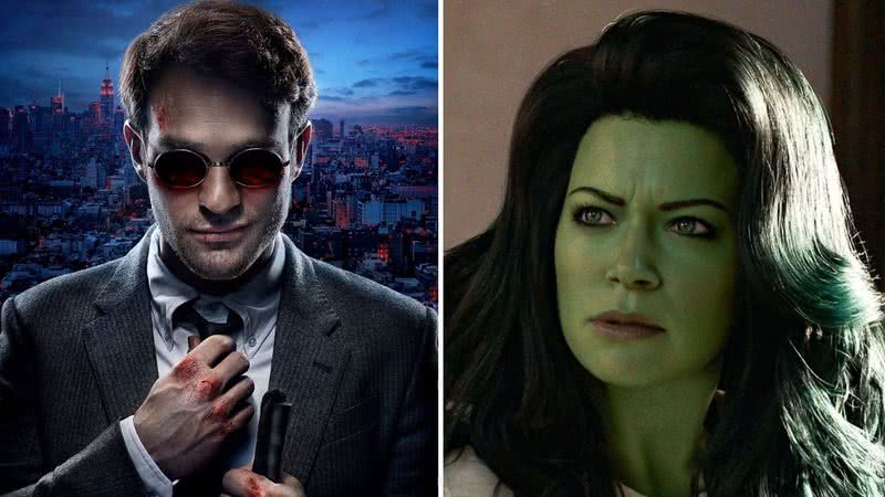 A esquerda, pôster de 'Demolidor'; A direita, imagem de 'Mulher-Hulk: Defensora de Heróis' - Netflix/Disney+