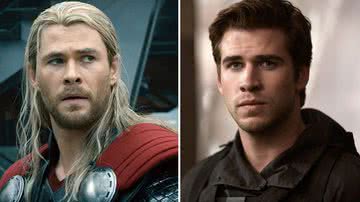 A esquerda, Chris Hemsworth como Thor; A direita, Liam Hemsworth como Gale Hawthorne na franquia "Jogos Vorazes" - Divulgação/ Marvel Studios/ Lionsgate Paris Filmes