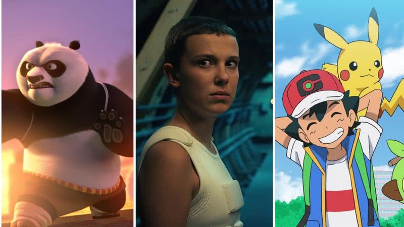 Imagens promocionais de "Kung Fu Panda: O Cavaleiro Dragão", Stranger Things 4: Volume 2" e "Série Grandes Jornadas Pokémon: Parte 3" - Divulgação/ Netflix