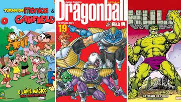 Capas das HQs: Turma da Mônica & Garfield, Dragon Ball - 19 (Edição definitiva) e Hulk: Batismo no Fogo - Divulgação/ Panini