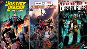 Capa das HQs Liga da Justiça: A Última Batalha, Marvel x Fortnite: Zero War 1 e Star Wars - Darth Vader Vol. 3 - Divulgação/Panini