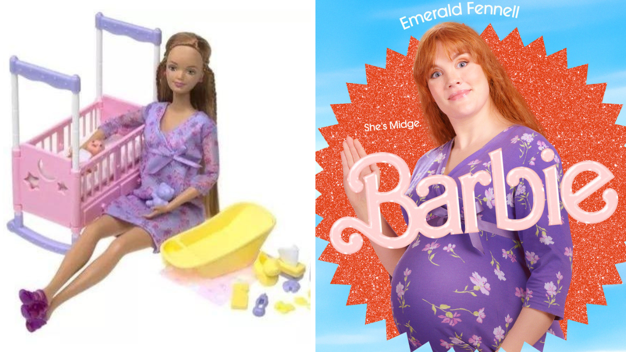 A boneca de Midge e Emerald Fennell como Midge no cartaz do Live action da Barbie 