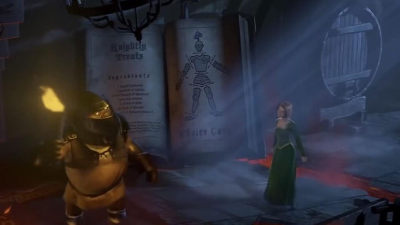 Cena em 'Shrek' onde aparece o livro de receitas da Dragoa