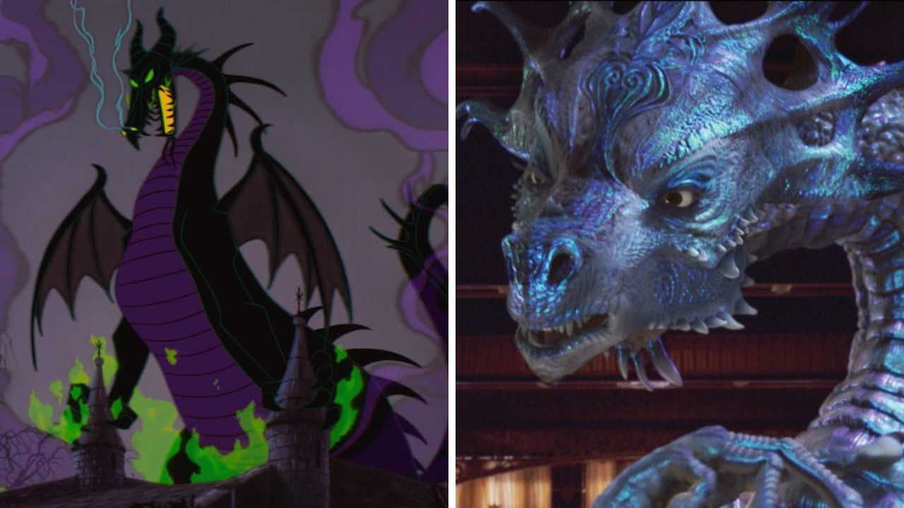 Malévola como dragão em 'A Bela Adormecida' e Narissa como dragão em 'Encantada'