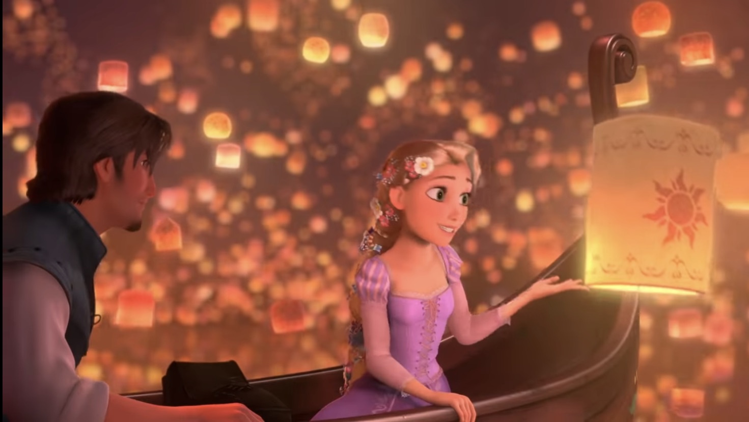 Rapunzel e Flynn Rider em uma cena musical do filme 'Enrolados' 