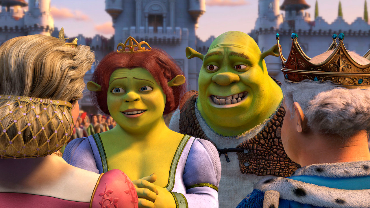 Fiona e Shrek conversando com os pais