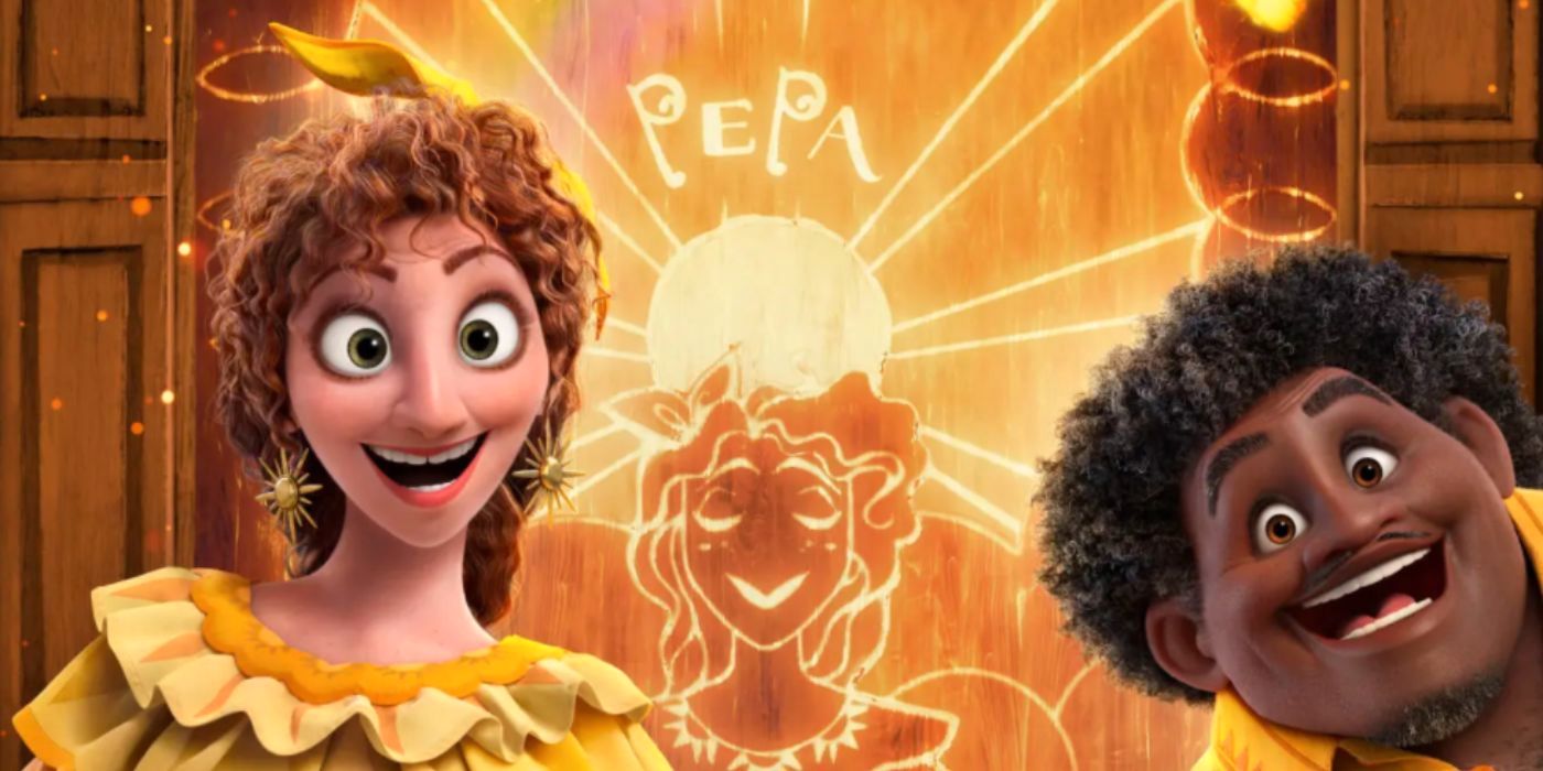 Pepa e Félix sorrindo em frente a porta da mulher com um desenho seu e com o nome "Pepa" escrito